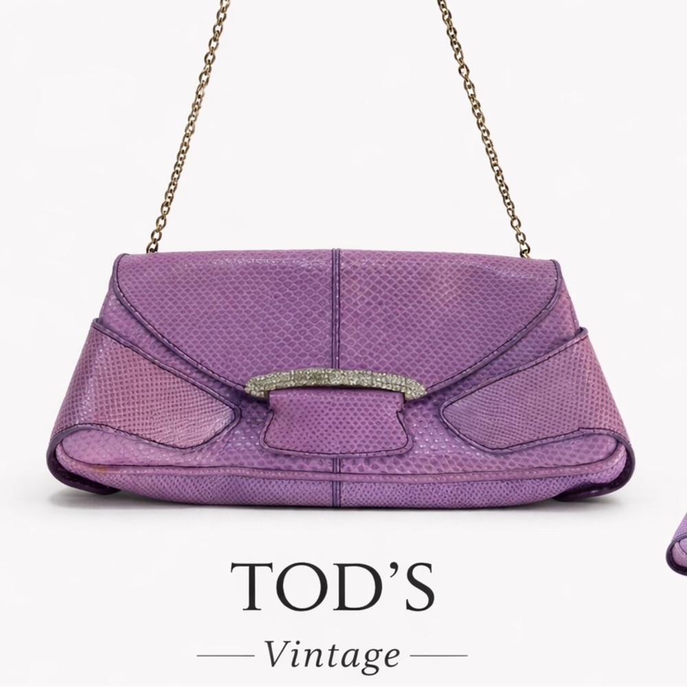 Tod’s Vintage Swarovski Crystal Clasp Reptile Embossed Leather Shoulder Bag Y2K